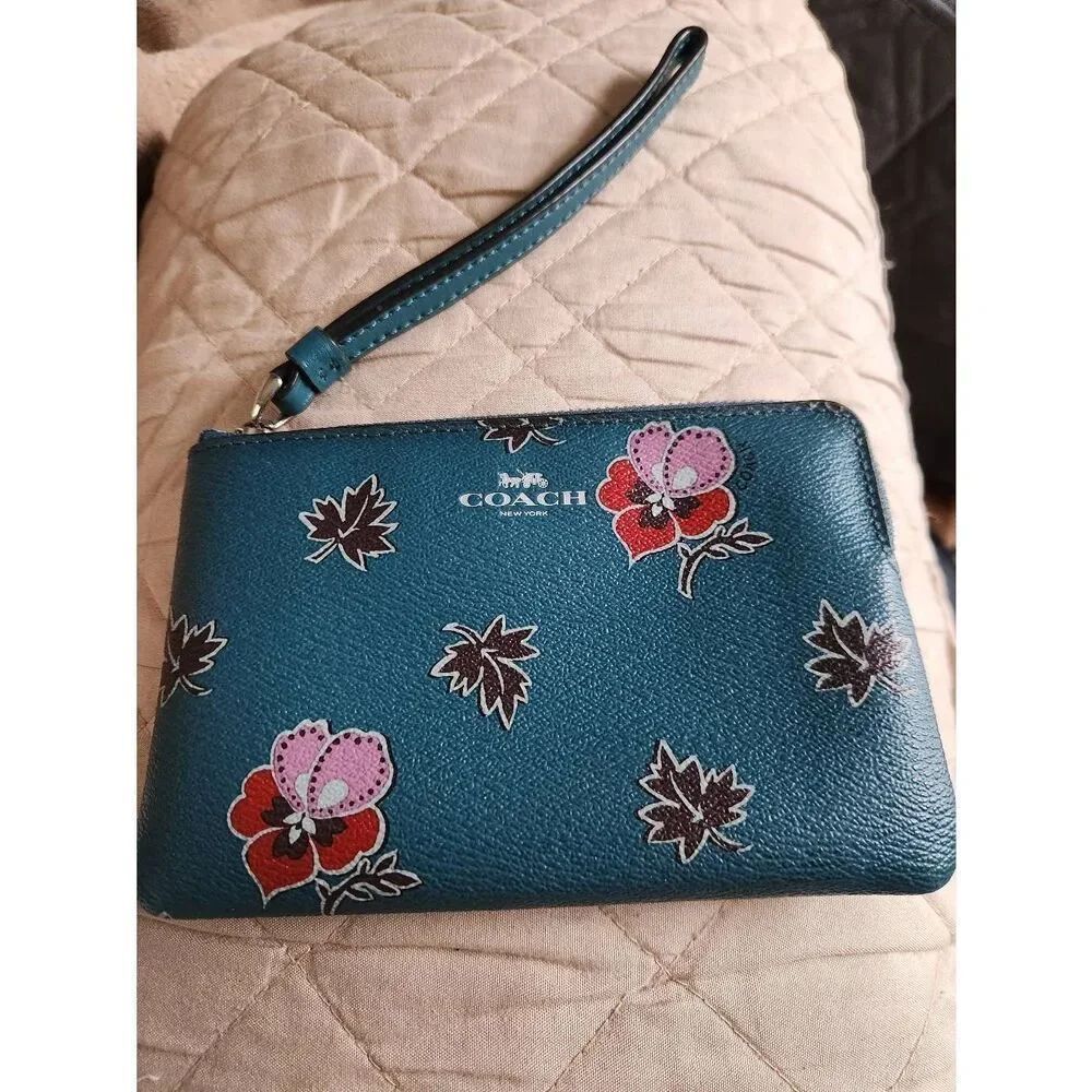 Coach Dark Teal Wristlet with Floral Design EUC (P)